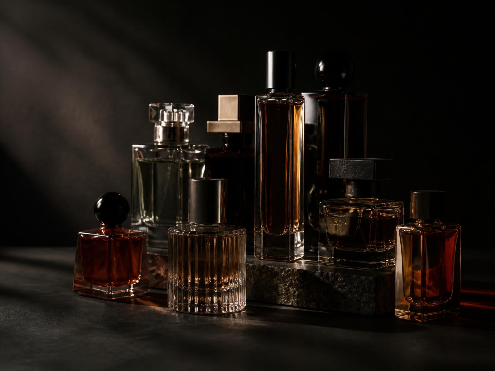 A collection of glass perfume bottles lit from one side against a dark background